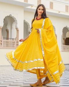 Dress Set Anarkali Style - Shaili - www.riafashions.com Yellow Cotton Silk Anarkali Set With Cutdana, Yellow Mulmul Sharara With Traditional Drape, Yellow Mulmul Palazzo Set With Cutdana, Yellow Mulmul Palazzo Set With Cutdana Details, Diwali Anarkali Set With Cutdana In Mulmul, Bollywood Style Yellow Cotton Silk Churidar, Yellow Bollywood Cotton Silk Churidar, Mulmul Anarkali Set With Gota Work, Navratri Anarkali Set With Cutdana In Mulmul