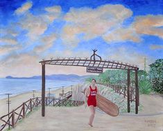 a painting of a woman carrying a surfboard under an overpass with the ocean in the background