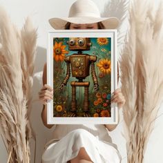 Whimsical Garden Robot | Digital Art Sunflower Garden, Whimsical Garden, Hey There, Art Poster, Surrealism, Poster Print, Poster Art, Wall Art Decor