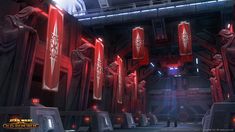 a sci - fi space station with red lights and giant pillars in the center, surrounded by statues