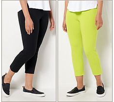 Build a summer wardrobe you can feel confident about with this set of two Women with Control(R) crop pants. Fashioned from a smoothing blend of cotton and spandex, these straight-leg pants flatter your figure in a cropped length that's perfect for warm weather. They're your go-to, wear-anywhere, with-anything pants!  Made with 14% spandex, these curve-hugging crop pants hold you in at the waist and rear to help smooth out your silhouette--so you can take on the day in confidence. The shortened l Stretch Cotton Activewear For Spring, Summer Athleisure Ankle-length Pants, Non-stretch Casual Summer Activewear, Casual Non-stretch Activewear For Summer, Casual Non-stretch Summer Activewear, Solid Athleisure Capris For Summer, Solid Color Athleisure Capris For Summer, Casual Summer Capri Activewear, Spring 4-way Stretch Capris