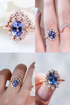 three different views of an engagement ring with blue and white diamonds on it, including the center