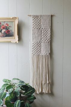 a potted plant sitting next to a wall hanging