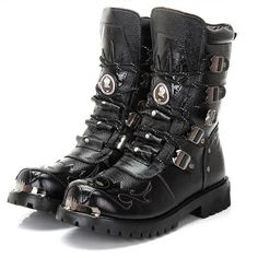 Gothic Punk Platform Boots, High Chunky Platform Boots, Riding Boots, Long Boots, Zipper Boots. PU Leather Boots. Combat Boots, Biker Boots, Punk Boots, Gothic Boots. Black Men's Boots. Make a statement and step out in style with our super cool buckle strap and zip up mid-calf boots. These punk, biker style inspired boots are the perfect way to showcase your flare and individuality. Made from high quality Genuine Leather with round toe, buckle strap front closure, side zip closure, heel tabs, low square heel, chunky cleated anti slip rubber sole, and seam detailing, these combat style boots provide both comfort and support for you during your busy day. Strong, sturdy leather provides flexibility ensuring a secure but comfortable fit. These durable and versatile handmade boots can easily ta Steampunk Projects, Style Combat Boots, Steampunk Boots, Industrial Boots, Converse Outfits, Mens Motorcycle Boots, Top Shoes For Men, Combat Boots Men, Leather Motorcycle Boots