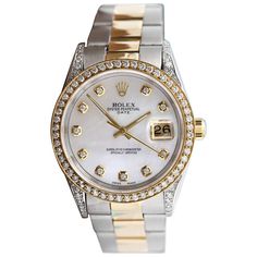 Rolex 34mm Date 2 Tone White MOP Mother of Pearl Dial with Diamond Accent Bezel+ lugs 15053 Rolex Two Tone, Rolex Diamond, Bezel Watch, Rolex Women, Rolex Date, Diamond Face, Rolex Oyster Perpetual, Bag Collection, Rolex Daytona