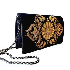 Black velvet clutch embroidered with copper flower and tiger eye, side view,  BoutiqueByMariam. Peacock Clutch, Shibori Fabric, Intricate Art, Velvet Clutch, 3d Embroidery, Royal Court, Wedding Clutch, Floral Tapestry, Gold Thread