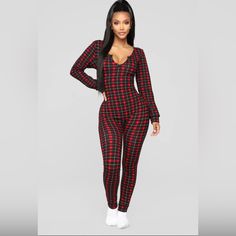 Fashion Nova Where’s My Coffee Jumpsuit Red Black Plaid Pajama’s One Piece Xl Red V-neck Loungewear Set, Red Long Sleeve Onesie For Loungewear, Fitted Casual Onesie For Pajama Party, Fitted Sleepwear For Winter, Fitted Sleepwear For Winter Loungewear, Fitted Christmas Sleepwear For Loungewear, Fitted Casual Sleepwear, Black Fitted Onesie For Loungewear, Fitted Long Sleeve Christmas Sleepwear