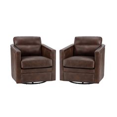 two brown leather chairs sitting next to each other