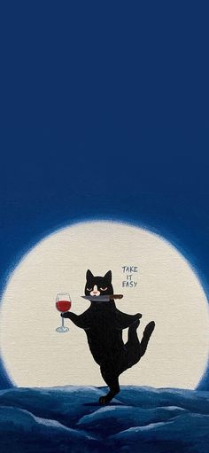 a painting of a black cat holding a wine glass in front of a full moon