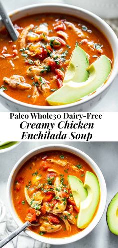 two bowls of creamy chicken enchilada soup with avocado