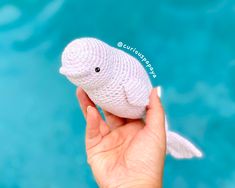 a hand holding a small white fish toy in front of a blue water background with bubbles