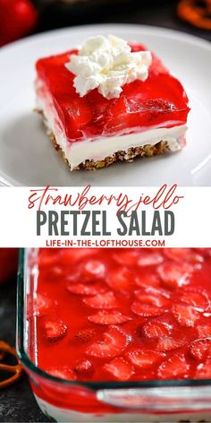 strawberry jello pretzel salad is an easy dessert that's ready to be eaten