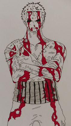 a drawing of a man with blood dripping all over his face and chest, standing in front of a white wall