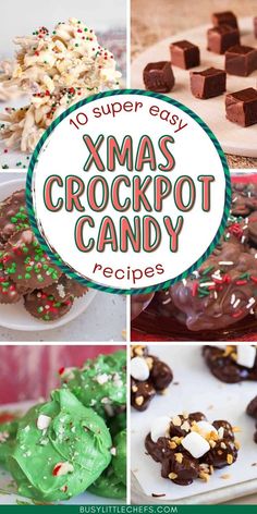 there are many different types of christmas candys in this collage with the words, no super easy xmas crockpot candy recipes