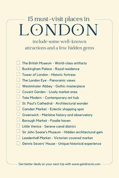 the london travel guide is shown in blue and white, with text that reads 15 must - visit places in london include some well - known attractions and a few hidden gems