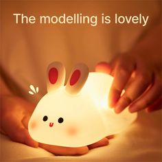 a person is holding a lamp with two rabbits on it and the text, the modeling is lovely