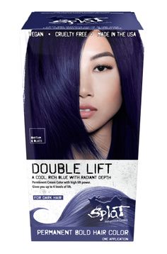 Prepare to turn heads! Take your dark tresses to bold in a single step with   double the lifting power of traditional color. Splat permanent hair color   delivers vibrant root-to-tip color in one transforming step. An easy to apply   cream formula that lifts and deposits bold color, eliminating the need for   bleach. Cream formula contains Aloe Vera and Soy Protein. 

     Deep conditioning formula lifts and deposits rich, vibrant color in one 

     easy-to-apply step. No pre-bleaching, jus Permanent Blue Hair Dye, Deep Purple Hair, Midnight Hair, Dyed Hair Care, Splat Hair Color, Hair Dye Shades, Dark Hair Dye, Dyed Hair Ombre, Temporary Hair Dye