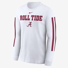 Made with soft cotton fabric for continuous comfort, the Alabama Crimson Tide Local Spirit Slogan T-Shirt puts love for your favorite team front and center in bold graphics. White Jersey T-shirt With Logo Print, Nike Long Sleeve Cotton T-shirt, Collegiate Crew T-shirt For Fan Gear, White Varsity Jersey T-shirt, White Long Sleeve T-shirt For Sports Season, White Game Day Fan Apparel T-shirt, White Fan Apparel T-shirt For Game Day, White Nike T-shirt For Game Day, White Jersey T-shirt For College