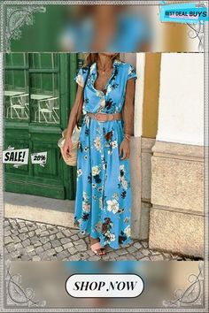 V-neck Loose Long Dress Summer V-neck Maxi Dress With Floral Print, V-neck Sundress Maxi Dress For Brunch, Blue V-neck Dress With Surplice Neckline For Summer, Casual V-neck Dress For Beach Season, Flowy V-neck Dress For Day Out, Casual Summer V-neck Dress With Surplice Neckline, Casual Summer V-neck Dress For Day Out, Casual Flowy V-neck Dress For Day Out, Spring V-neck Short Sleeve Dress For Day Out