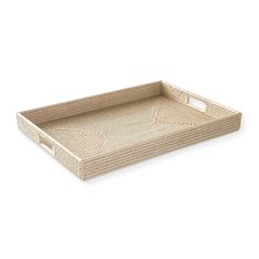 a large rectangular tray with handles on the bottom and sides, made out of wicker