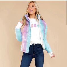 Never Worn- Like New: Ultra Cute Performance Puffer For Cold Weather. Hooded With Side Pockets And Soft Stretch Cotton White Cuffs. Pastel Iridescent Pink, Aqua, Purple - Size Medium True To Size Beach Riot, Woman Beach, Puffer Jacket, Stretch Cotton, Cold Weather, Pink Blue, Puffer, Jackets & Coats, Jackets For Women