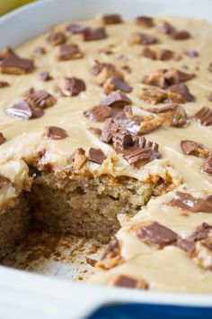 a cake that has been cut in half with chocolate chips on top and frosting