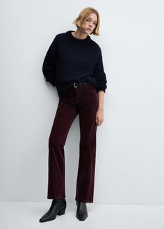 Mid-rise corduroy flared pants - Women | MANGO USA Flare Courdory Pants Outfits, Burgundy Corduroy Pants Outfit, How To Style Corduroy Pants, Wide Leg Flare Pants, Corduroy Pants Outfit, Burgundy Pants, Corduroy Pants Women, Bell Design, Cords Pants