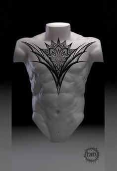 a white male torso with an intricate tattoo design on it's chest and back