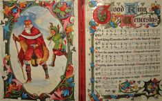 an open book with pictures of santa claus and other musical instruments on it's cover