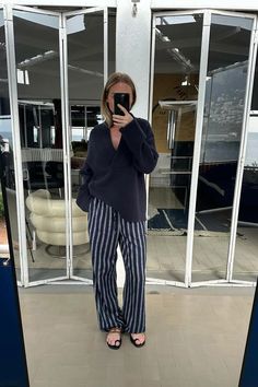 Linen Blend Striped Pants Blue | NA-KD Relaxed Wide Leg Pants With Elastic Waistband For Work, Relaxed Straight Leg Work Pants, Oversized High-waisted Work Pants, Chic Oversized Straight Leg Bottoms, Oversized Straight Leg Bottoms For Workwear, Oversized Straight Pants For Work, Chic Oversized Cotton Pants, Oversized Workwear Trousers, Relaxed Ankle-length Work Pants