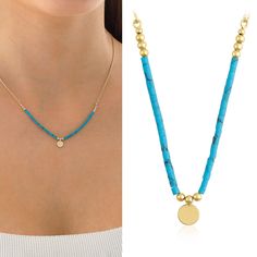 14k Gold Blue Turquoise necklace is a perfect gift as December birthstone, sutiable for daily use and formal wear. All beads of this elegant and delicate necklace are made of solid gold and natural stone. Chain including inside part of beads is also 14k Gold so this necklace would be the perfect gift for your loved ones!  One letter or number can be stamped on gold coin at the center if you want.  Please note your personalization during checkout.  Please check following link for the set bracelet Gold Turquoise Necklace With Colorful Beads As Gift, Gold Turquoise Necklace With Polished Beads As Gift, Gift Turquoise Necklace With Colorful Beads, Turquoise Beaded Necklace With Round Pendant Gift, Yellow Gold Turquoise Necklace With Round Beads As Gift, Blue Turquoise Necklace, Cleansing Stones, Set Bracelet, Jewellery Marketing