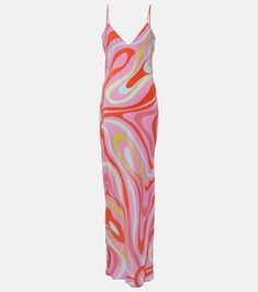 Printed silk slip dress in pink - Pucci | Mytheresa Orange Silk V-neck Dress, Summer Satin Lined Midi Dress, Multicolor Printed Silk Midi Dress, Pink Abstract Print Maxi Dress For Summer, Pink Maxi Dress With Abstract Print For Summer, Summer Printed Slip Dress With Spaghetti Straps, Pink Silk Bias Cut Dress, Abstract Print Spaghetti Strap Dress For Spring, Multicolor Silk Midi Dress With Abstract Print