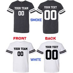 FRONT and BACK CUSTOMIZED FOOTBALL TEE SHIRT - FAN JERSEY Please Let Us Know Your Front and Back Custom Clearly When you place your order, Leave a CUSTOMER NOTE about customization. Exp: Front Text: TEAM A Front Number: 25 Back Text: JOHN Back Number: 25 Front number size: 5 inches high Back Number size :8 inches high Text size max 13 inches long PLEASE SEE THE PRODUCT PICTURES BEFORE ORDER Our Navy Color is VINTAGE NAVY (Greyish Navy) If you have any other customization idea, please share with Black Varsity T-shirt With Text Print, College Football Season Baseball Jersey With Letter Print, College T-shirt With Team Logo And Baseball Collar, Varsity Crew Neck T-shirt For Team Events, Collegiate Baseball Jersey With Letter Print, Collegiate Short Sleeve Baseball Jersey With Letter Print, Black Varsity T-shirt For Game Day, Sporty White T-shirt With Baseball Collar, College Team Spirit Baseball Jersey With Letter Print