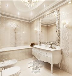 an elegant bathroom with white furniture and chandelier