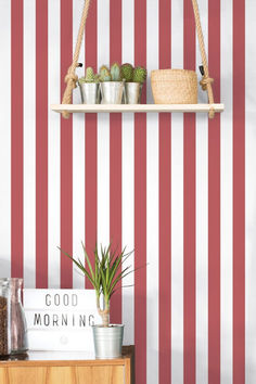 Just Kitchens Awning Stripe Wallpaper in Red Stripe Wallpaper, Wallpaper Red, Statement Wall, Striped Wallpaper, Light Red, Dark Red