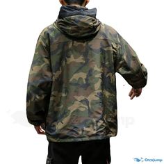 OrcaJump - Camouflage Two-Sided Zip-Up Hooded Fleece Jacket Camping Hooded Jacket With Pockets, Hooded Camping Jacket With Pockets, Fall Combat Windbreaker For Outdoor Activities, Combat Style Windbreaker For Fall Outdoor Activities, Combat Style Windbreaker For Outdoor Fall Activities, Hooded Jacket With Pockets For Camping, Camouflage Windproof Outerwear For Outdoor, Camouflage Windproof Outerwear For Hiking, Military Style Windproof Windbreaker For Outdoor