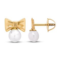 These adorable freshwater cultured pearls are ideal for little ears. Each earring is topped with a bow of 14K yellow gold and fastens with a screw back. Classic Gold Bow Earrings, Classic Bow Earrings For Anniversary, Gold Pearl Earrings With Bow For Gift, Gold Pearl Earrings With Bow As Gift, Cultured Stone, Kids Earrings, Pearl Types, Freshwater Cultured Pearls, Accessories Jewelry Earrings