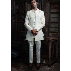 Men's Wedding Wear White Suit Set Short open front Jacket with Embroidered Kurta and Trouser Indian Wedding Occasions Men's Clothing Items - Kurta Pant and Jacket  Fabric - Orgenza, Giza Cotton Color - Off White  Sleeves - Long Sleeveless Kurta Length - 31 Jacket Length - 34 Pant Length - 40 Size - (XS), (S), (M), (L), (XL), (2XL) Size chart attached in images mentions garment measurements in inches. For any sizing queries or getting a customized fit, please message us on Etsy. WASH & CARE Gentl Traditional Tailored Bandhgala With Resham Embroidery, Embroidered Tailored Bandhgala For Festive Occasions, Festive Embroidered Tailored Bandhgala, Tailored Festive Sherwani For Eid, Traditional Tailored Sets With Resham Embroidery, Traditional Tailored Suits For Eid, Formal Fitted Nehru Jacket With Chikankari Embroidery, Traditional Tailored Sets For Festive Season, Fitted Off White Nehru Jacket With Chikankari Embroidery