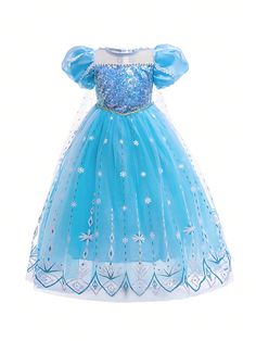 Young Girl Glitter Snowflake Mesh Cape Princess Dress, Perfect For Parties, Banquets And Birthdays, Stage Performance, For Christmas Blue Party  Short Sleeve Fabric Colorblock,Geometric,All Over Print Fit and Flare Non-Stretch All Young Girls Clothing, size features are:Bust: ,Length: ,Sleeve Length: Blue Sequin Dress For Dress-up, Blue Princess Dress For Holiday Party, Blue Holiday Dress For Fancy Dress Occasions, Blue Holiday Dress For Fancy Occasions, Blue Holiday Fancy Dress, Blue Festive Christmas Dress, Blue Princess Dress For Party Season, Blue Princess Dress For Party, Blue Christmas Party Dress