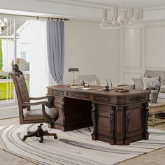 an office with a desk, chair and rug in front of a large open window