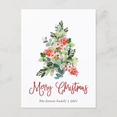 a christmas card with watercolor flowers and greenery on the front, merry christmas