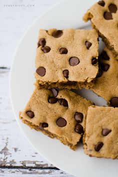 chocolate chip cookie bars on a white plate