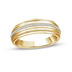 Give him a classic reminder of your affection when you present this handsome diamond and milgrain wedding band. Fashioned in warm 10K gold A row of diamonds glistens along the center. Ribbons of intricate milgrain detailing line the stepped borders for an heirloom look. This wedding band captivates with 1/8 ct. t.w. of diamonds. Classic Diamond Ring With Decorative Band For Anniversary, Classic Promise Bands With Diamond Accents, Classic Decorative Diamond Band, Yellow Gold Diamond Jewelry With Milgrain Detail, Gold Diamond Rings With Milgrain Detail, Milgrain Wedding Band, 10k Gold, Rose Gold Ring, Wedding Band