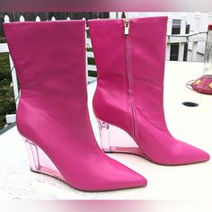 Step Up Your Shoe Game With These Stylish And Trendy Booties From Shein. These Fuchsia Wedge Booties Feature A Pointed Toe And Clear Heel For A Unique And Eye-Catching Look. The Zip Closure Allows For Easy On And Off, Making Them Perfect For Any Casual Occasion. Crafted From Synthetic Materials, These Ultra-High Heeled Booties Are Both Comfortable And Durable. With A Solid Pattern And Sleek Design, They Are Sure To Become A Staple In Your Wardrobe. Made In China, These Booties Are A Must-Have Fo Spring Party High Heel Wedge Boots, Spring High Heel Wedge Boots With Reinforced Heel, Spring Party Ankle-high Wedge Boots, Spring Ankle-high Wedge Boots For Party, Party Wedge Boots With Reinforced Heel, Spring Party High Ankle Wedge Boots, Spring High Heel Synthetic Wedge Boots, Party Wedge Heel Synthetic Boots, Spring Synthetic High Heel Wedge Boots