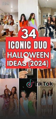 there are many pictures of people dressed up in halloween costumes, and the title says 34 iconic duo halloween ideas 2012