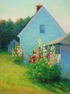 a painting of a blue house with flowers in the foreground