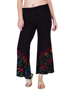 Carnival Hippie Pants in Black with Hand Tie Dye Effect | Multicoloured | Split-Skirts-Pants, Misses, Tie-Dye Black Hippie, Black Hippy, Tie Dye Party, Black Palazzo Pants, Casual Street Wear, Hippie Pants, Hippie Look, Hand Tie, Spandex Pants