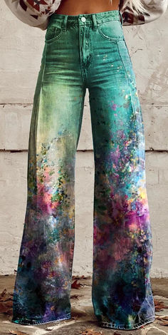 Mid Waist Pants, Casual Wide Leg Pants, Printed Wide Leg Pants, Fall Fits, Pantalon Large, Vintage Botanical, Type Of Pants, Printed Pants, Casual Denim