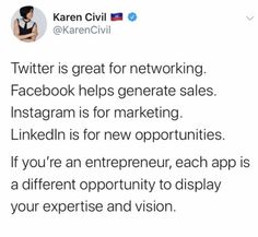 a tweet that reads twitter is great for networking facebook helps create sales instagrams