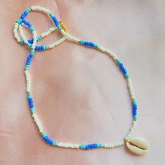 beachy beaded necklace Handmade Blue Summer Jewelry, Handmade Summer Blue Jewelry, Blue Strand Necklaces For Beach Season, Ocean-inspired Strand Necklaces For Jewelry Making, Casual Vacation Beaded Necklaces With Beaded Chain, Casual Beaded Necklaces For Vacation, Casual Beaded Chain Necklace For Vacation, White Strand Pearl Necklace For Vacation, Vacation White Strand Pearl Necklace